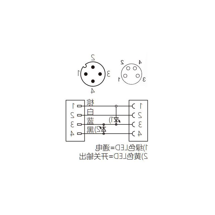 M8转M12 4Pin、M8母头直型 带LED灯转M12公头直型、双端预铸PUR柔性电缆、黑色护套、63D311-XXX