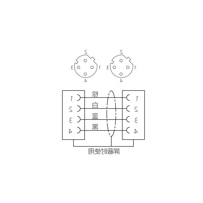 M12 4Pin D-coded、母头直型转母头直型、双端预铸PUR柔性电缆、带屏蔽、黑色护套、64DD65-XXX